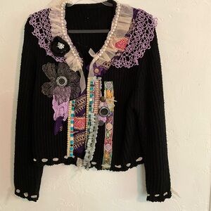 Mixed Media Upcycled Cardigan Sweater Purple Lace Pearl Embellished Black Large